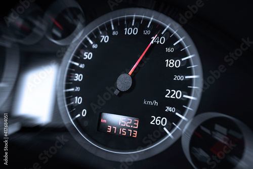 Obraz na płótnie The speedometer of a modern car shows a high driving speed. Added motion blur. w salonie