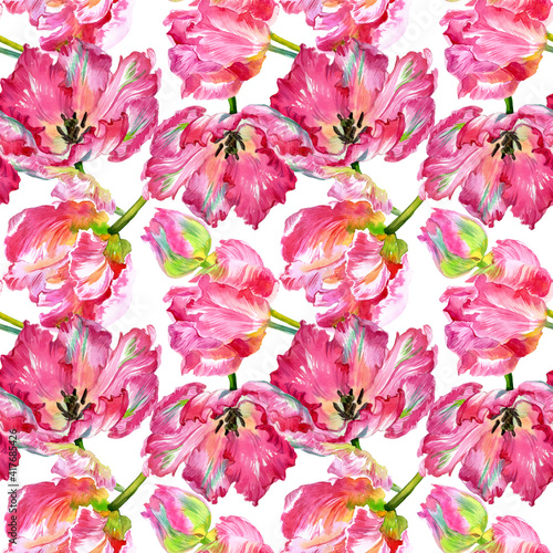 Fototapeta Naklejka Na Ścianę i Meble -  Watercolor tulip flowers print. Watercolor illustration. Seamless pattern