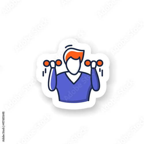Morning exercise sticker . Man doing exercises  lifting dumb bells or bars badge for designs. Concept filled flat sign for healthy lifestyle  fitness and self development practices vector emblem