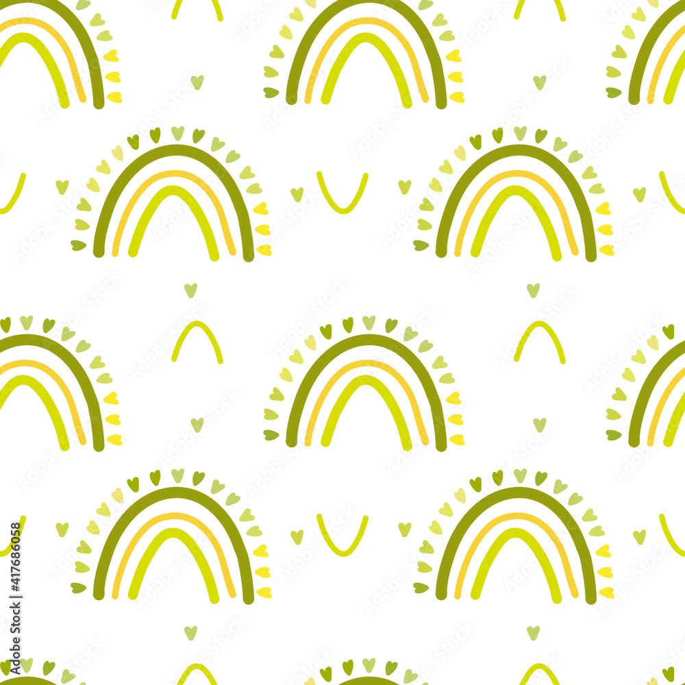 Seamless vector pattern with cute rainbows and heartson green colors. Childish vector background in Scandinavian style in bright multicolour palette.Wallpaper, flyer Seamless vector pattern with cute rainbows and heartson green colors. Childish vector background in Scandinavian style in bright multicolour palette.Wallpaper, flyer