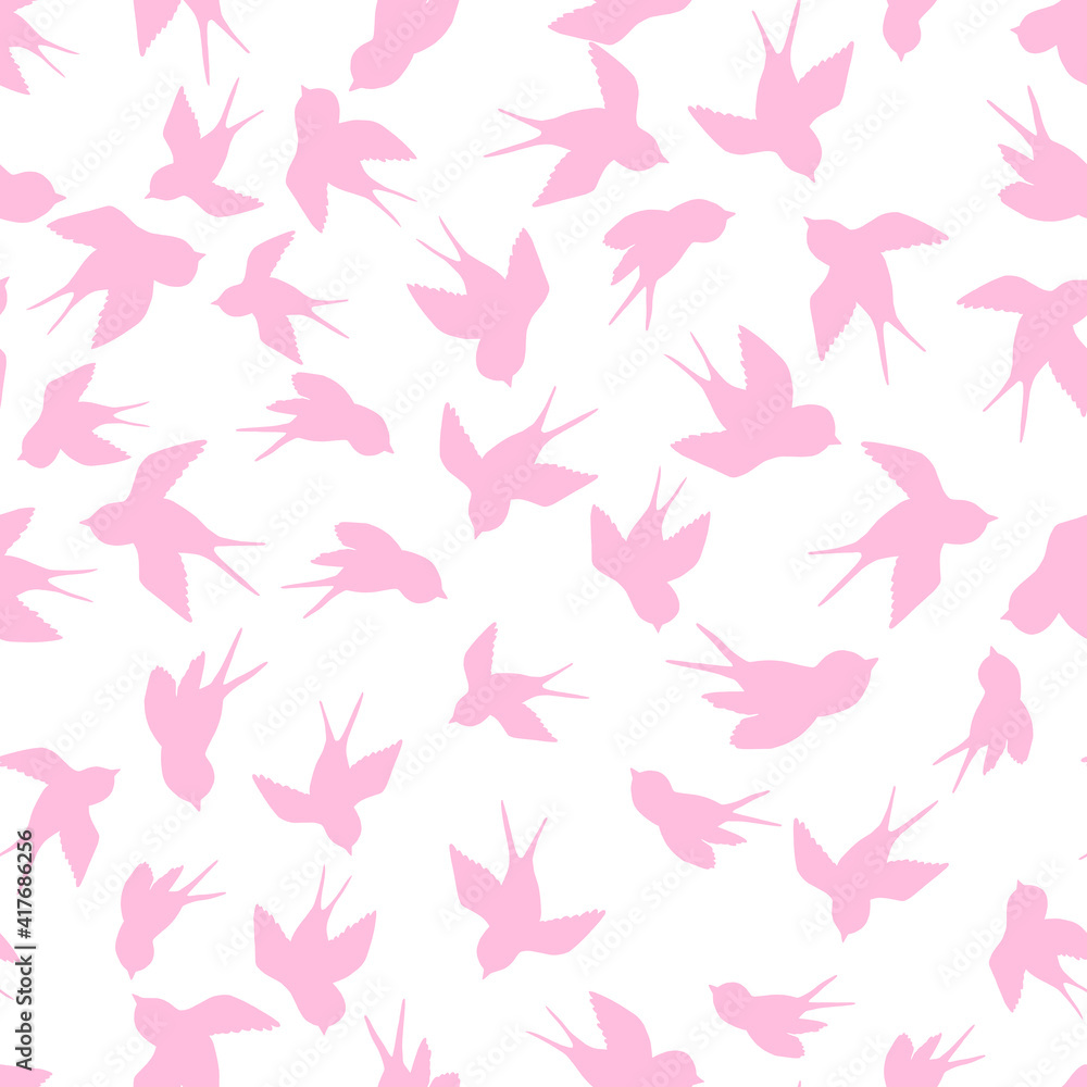 Seamless pattern with pink swallow silhouette on white background. Cute bird in flight. Vector illustration. Doodle style. Design for invitation, poster, card, fabric, textile Seamless pattern with pink swallow silhouette on white background. Cute bird in flight. Vector illustration. Doodle style. Design for invitation, poster, card, fabric, textile