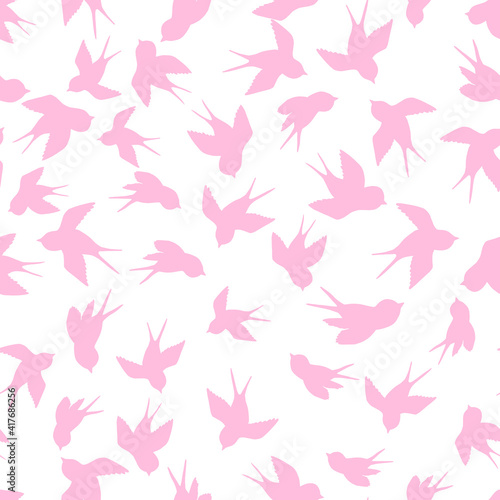 Seamless pattern with pink swallow silhouette on white background. Cute bird in flight. Vector illustration. Doodle style. Design for invitation  poster  card  fabric  textile