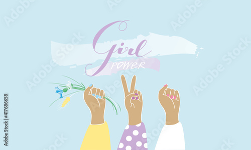girl power lettering. Vector illustration girls hands in the air. 
