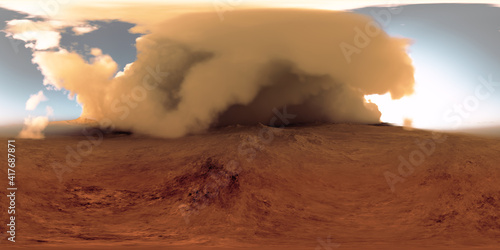 360 degree panorama of the massive dust storm sweeping across surface of Mars. Martian Landscape, environment HDRI map. Equirectangular projection, spherical panorama