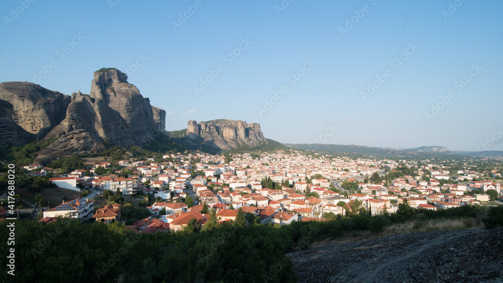 View of Kalambaka city, Greece, with Meteora mountains in the background