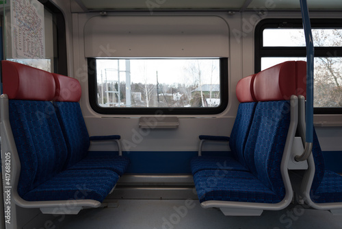 Empty train carriage. Modern new railroad car. The concept of the absence of tourists, quarantine