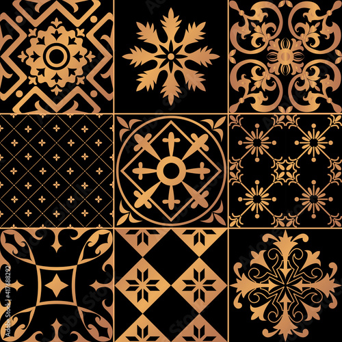 Set of black and gold tiles in portuguese style. Mosaic pattern in dutch, portuguese, spanish, italian style.