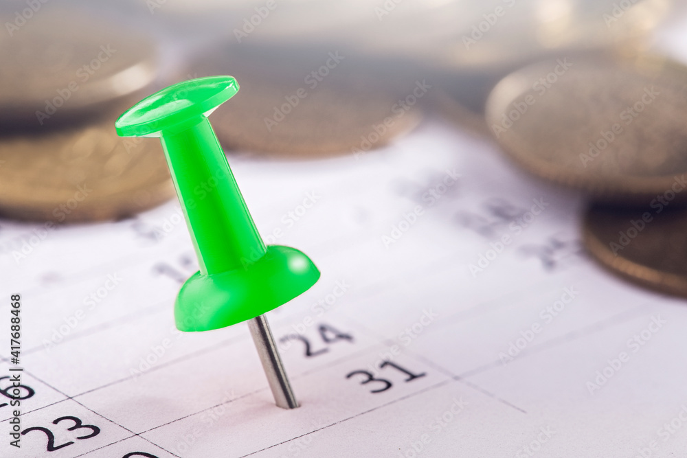 Important date and calendar appointment, month money income .green pin on calendar Important date and calendar appointment, month money income .green pin on calendar