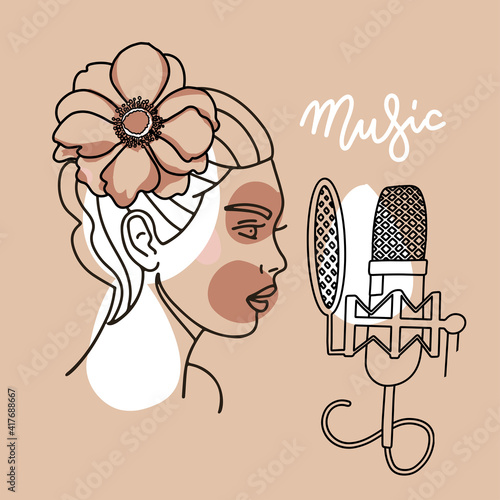 Woman with flower in her hair singing in a microphone on a beige background, female vocalist concept. Vector linear illustration. Beautiful young woman sings.