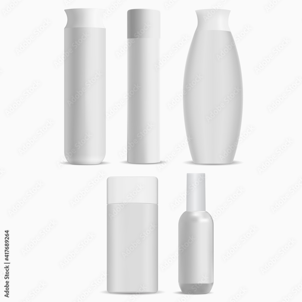 Cosmetic bottle package mockup, white pack. Shampoo bottle luxury blank template. Hygiene heathcare packaging collection. Balm tube vector illustration for branding, bath milk design Cosmetic bottle package mockup, white pack. Shampoo bottle luxury blank template. Hygiene heathcare packaging collection. Balm tube vector illustration for branding, bath milk design