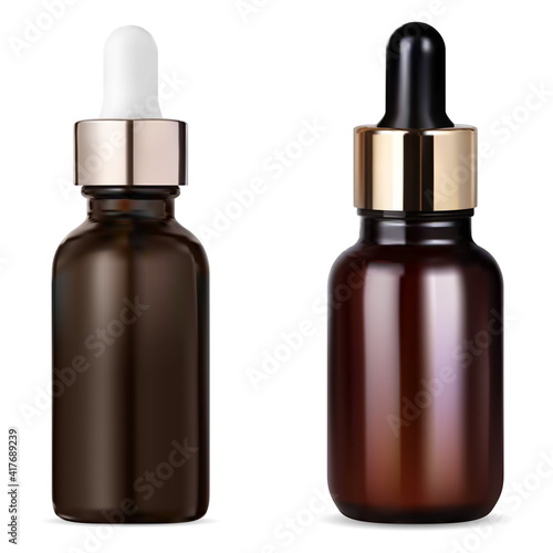 Tincture bottle. Cosmetic serum dropper, essential oil brown glass bottle. Apothecary container amber eyedropper blank, vector illustration on white background. Liquid collagen flask