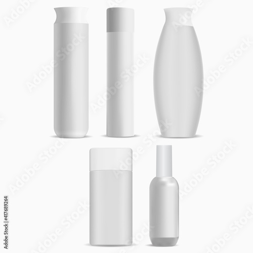 Cosmetic bottle package mockup, white pack. Shampoo bottle luxury blank template. Hygiene heathcare packaging collection. Balm tube vector illustration for branding, bath milk design