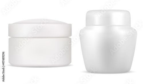 Cream jar cosmetic white package. Creme bottle mockup, round 3d vector blank. Realistic lotion packaging for corporate identity branding. Skin blush makeup can, beauty jar template