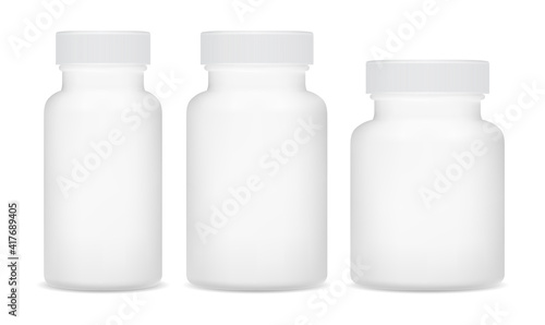 Pill bottle, white supplement package. Plastic medicine jar. Drug capsule bottle, 3d vector container isolated on background. Prescription remedy bottle, big and small tablet jar, placebo packaging