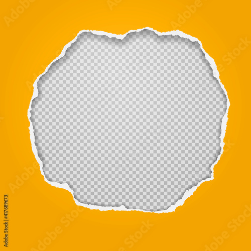 Round hole composition in yellow paper with torn edges and soft shadow is on squared, transparent background. Vector illustration