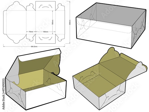Self-assembling Folding Box. Ease of assembly, no need for glue (Internal measurement 19x16x7.5cm). The .eps file is full scale and fully functional. Prepared for real cardboard production.