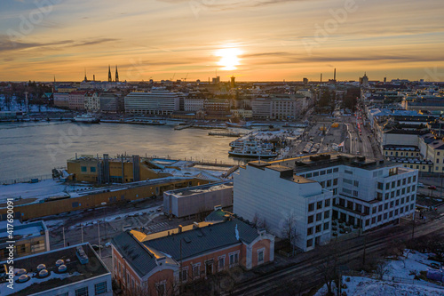 Finland, Helsinki. February 27. Sunny evening, sunset over the Baltic Sea. Scandinavia. View of the spring city.