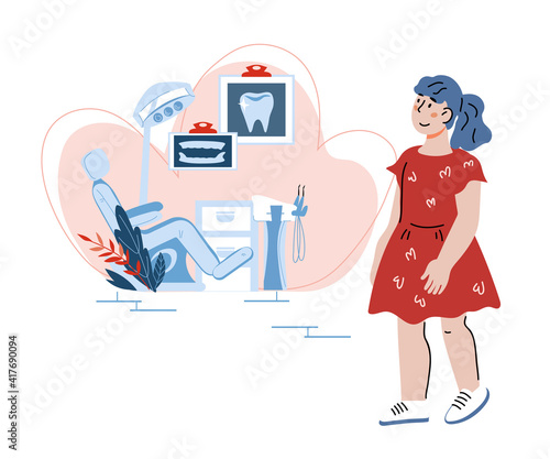 Cute child girl standing at backdrop of dentists office interior. Illustration for children dentistry medical services or dental care clinic, cartoon vector isolated on white background.