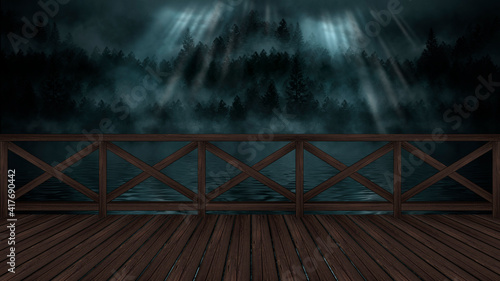 Night cold seascape, fantasy island and wooden pier by the sea. Dark forest. Cold frozen water, reflection of light in water. 3D illustration. 