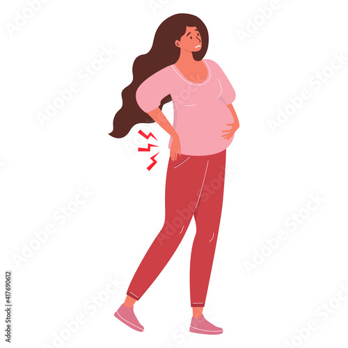 Illustration of a pregnant woman experiencing back pain. She holds her back with one hand and her stomach with the other. Diseases of pregnancy. Women's consultation, gynecology, pregnancy symptoms