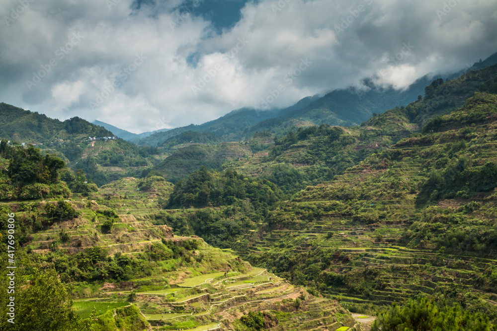 dramatic  rice terraces landscape taken in Batad, Banaue, Philippines during a summer travel in Asia