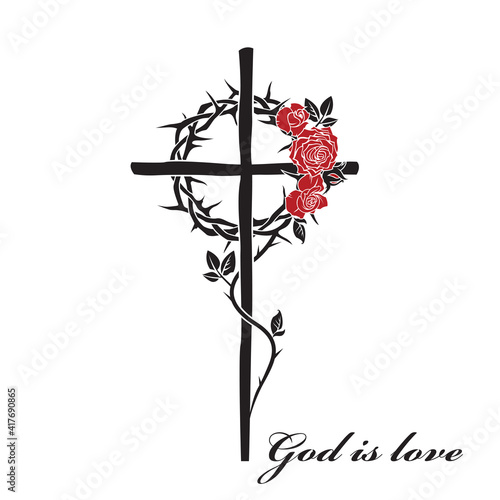 illustration of christian cross and thorn crown with roses isolated on white background