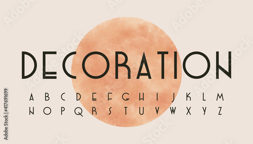 Art deco alphabet font. Urban abstract banner with typed letters. Trendy futuristic logo with round shape, vector art
