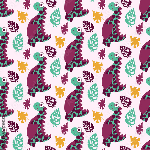 Dinosaur and leaves seamless pattern stock vector illustration. Cartoon friendly dino and monstera leaves by purple, green, yellow and pink colors. Jurassic era animals funny pattern. One of a series