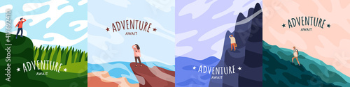 Vector illustration. Travel concept of discovering, exploring and observing nature. Hiking. Adventure tourism background. Minimalist graphic. Cartoon flat design for social media template, blog post