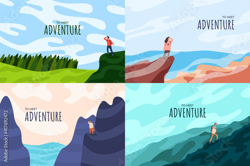 Vector illustration. Travel concept of discovering, exploring and observing nature. Hiking. Adventure tourism. Minimalist graphic design for banner, website template. Clouds. Motivation concept.