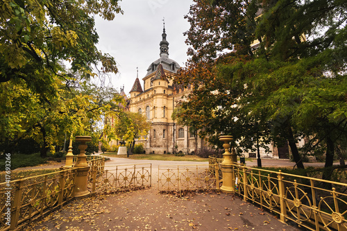 Cityscape of Vajdahunyad castle in Varosliget park, Budapest