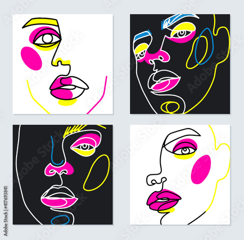 Surreal Face painting. One Line art poster. Female contour silhouette. Continuous drawing. Abstract woman Contemporary portrait.