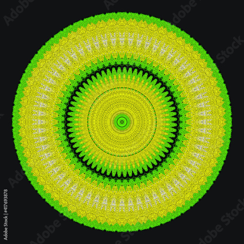 Creative yellow green points round symbol. Abstract symmetrical logo. Mosaic green beautiful beads. Circle dots modern pixel floral art icon. Yellow pattern ornament wheel decorative illustration.