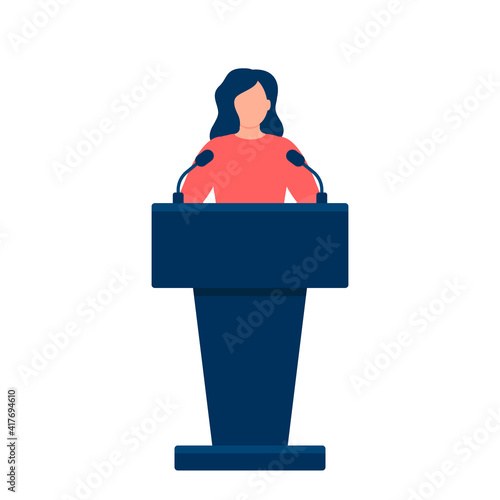 Woman in conference suit on podium, tribune. Speech by people leader, businesswoman, head, teacher. Vector illustration