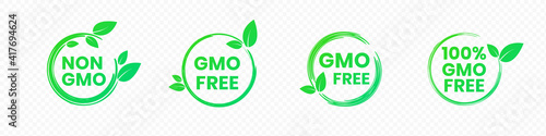 Non gmo and gmo free badges in bright green color with leaves icons. Round eco friendly emblems for promotion genetically unmodified products. Vector illustration of healthy food labels