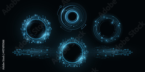 Futuristic round glowing HUD elements. Artificial intelligence frames. Virtual graphic touch user interface. Dashboard display. Sci-fi and Hi-tech design. Vector illustration.