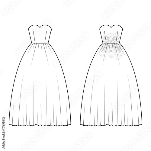 Set of Crinoline dresses technical fashion illustration with strapless sweetheart neckline, long floor length, full skirt, embellishment motif. Flat front, white color style. Women unisex CAD mockup