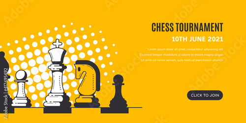 Chess Figures on Yellow Background with Halftone Pattern. Chess Tournament Banner Template