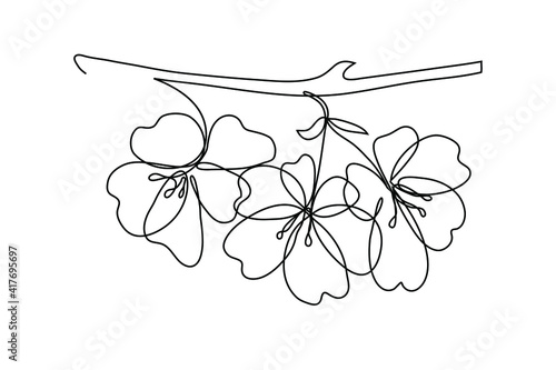 Vector modern set of isolated hand drawn doodle flowers. Sakura, cherry, plum flowers. Pattern of flowers drawn by one line on a white background.