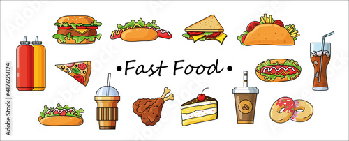 Doodle set with american fast food. Junk food colorful on white background. Colorful cartoon fast food. Burger, hot dog, pizza, taco, donut, sandwich, sauce, coffee. Takeaway food design.Vector