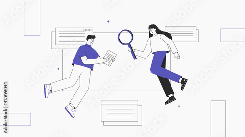 The concept of team work, business, partnership, cooperation. People working on website or application, developing computer software, coding and programming. Modern flat outline style.