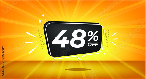 48  off. Yellow banner with forty-eight percent discount on a black balloon for mega big sales.
