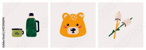 A thermos with a mug, a cute bear face, and a marshmallow on a stick. Hiking in the forest. cartoon style. Ready-made postcards for children. Flat vector illustration isolated on a white background