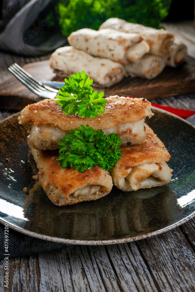 Croquettes with mushrooms and sauerkraut.