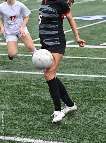 Soccer ball striking the thigh of a girl's leg causing extreme pain © Joe