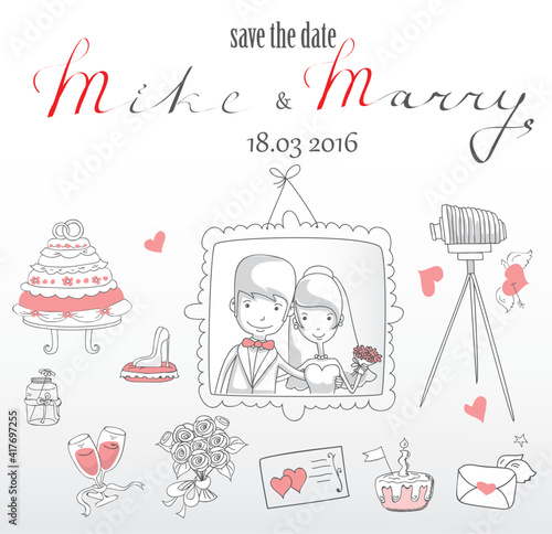 Doodle line design of web banner template with outline cartoon wedding icons.