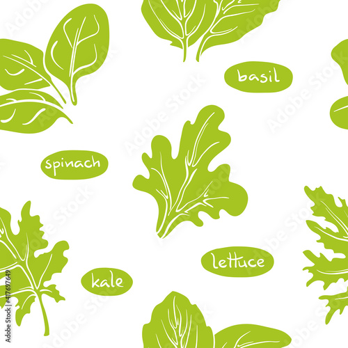 Seamless pattern with salad leaves and herbs. Colorful line sketch collection of green vegetables and herbs isolated on white background. Doodle hand drawn vegetable icons. Vector illustration