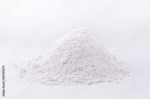 Zinc iodide or Zn2 iodide, white powder. Chemical compound of zinc and iodine on pure white background photo