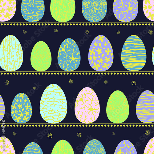 Colorful ester eggs on a dark background. Seamless pattern. Vector illustration.
