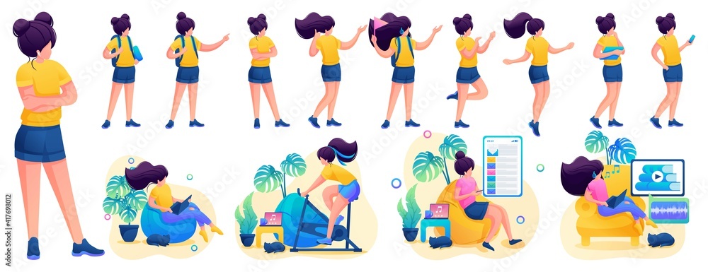 Young girl in various poses and actions, communication, work, training. 2D flat character vector illustration N2